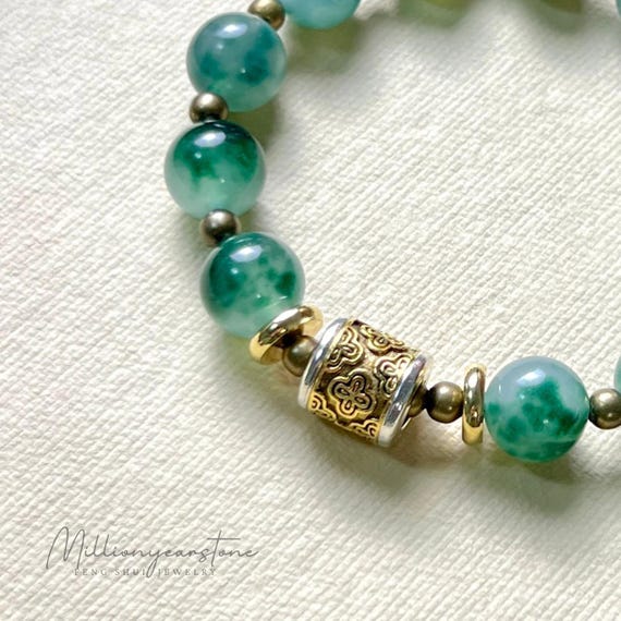 Vietnamese Green Jade Bracelet: Gold Lucky Charm, 10mm Jadeite