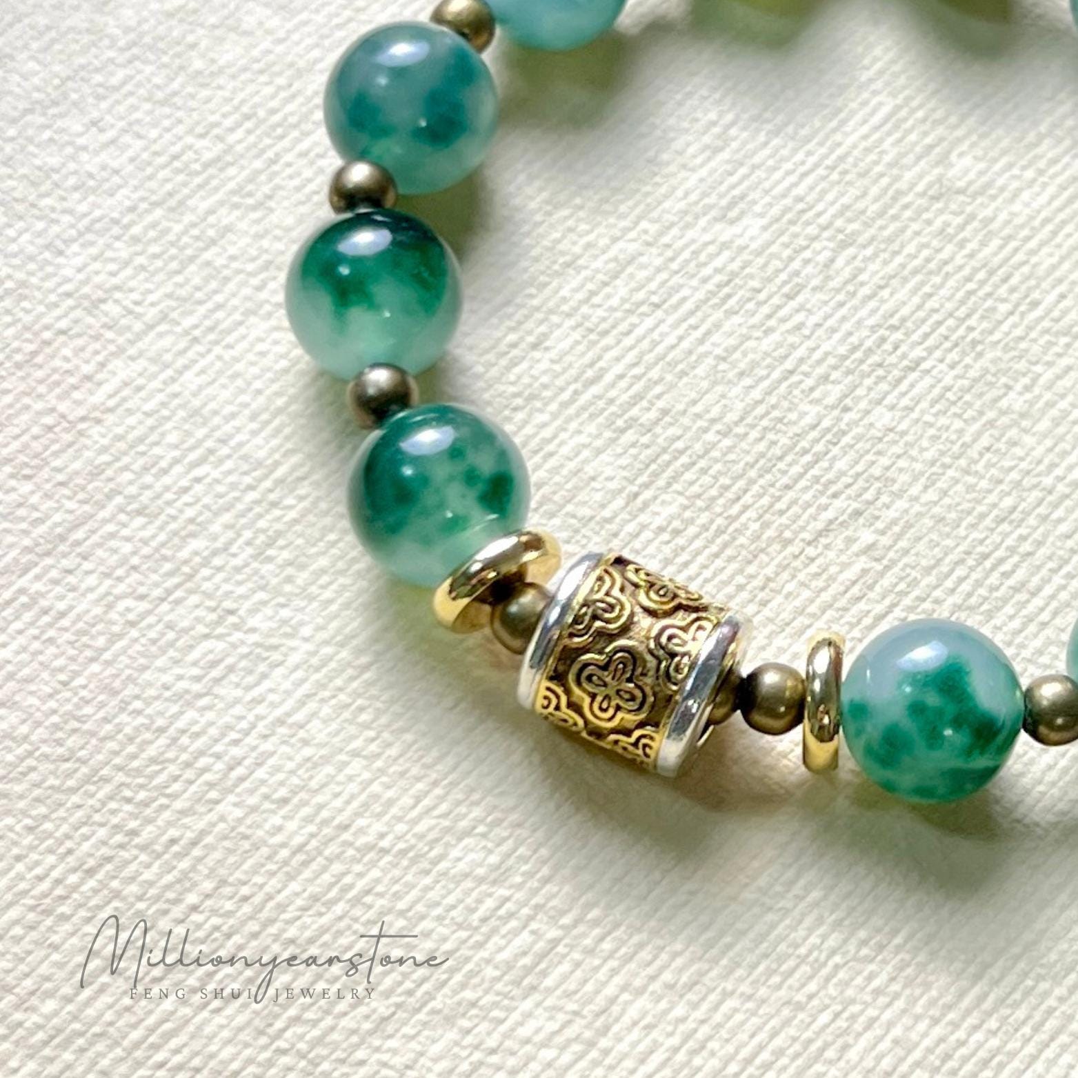 Vietnamese Green Jade Bracelet: Gold Lucky Charm, 10mm Jadeite