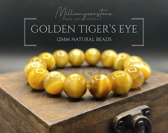 Bracelet doré oeil de tigre 12 mm, bijoux unisexe en pierres précieuses