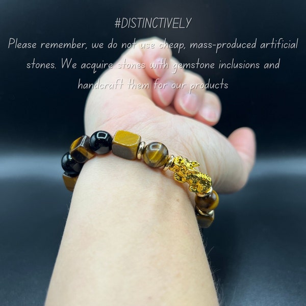 Natural Square Tiger's Eye & Black Obsidian Bracelet with 24k Gold-Plated PiXiu. Good Luck Stone Bracelet - Feng Shui Jewelry, Handmade gift
