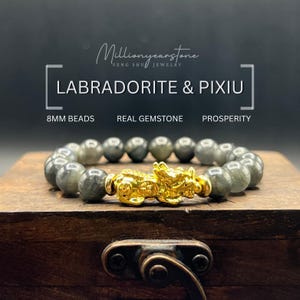 Bracelet en labradorite avec breloque Pixiu en or 24 carats | Bijoux Feng Shui faits main, 8 mm