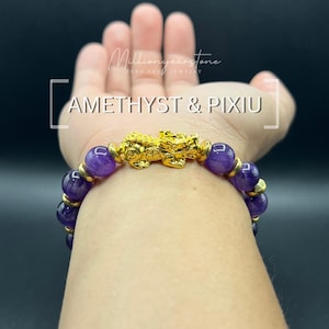 Bracelet améthyste Pixiu : breloque Feng Shui remplie d'or 24 carats, perles de 10 mm