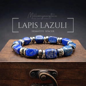 Handmade Lapis Lazuli Bracelet | Square Bead Hematite Jewelry