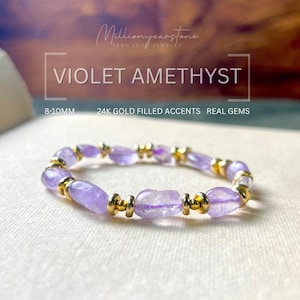 Pulsera de Amatista Violeta Natural con Detalles Oro 3mm y 6mm | Joyería Feng Shui de Riqueza y Paz Interior