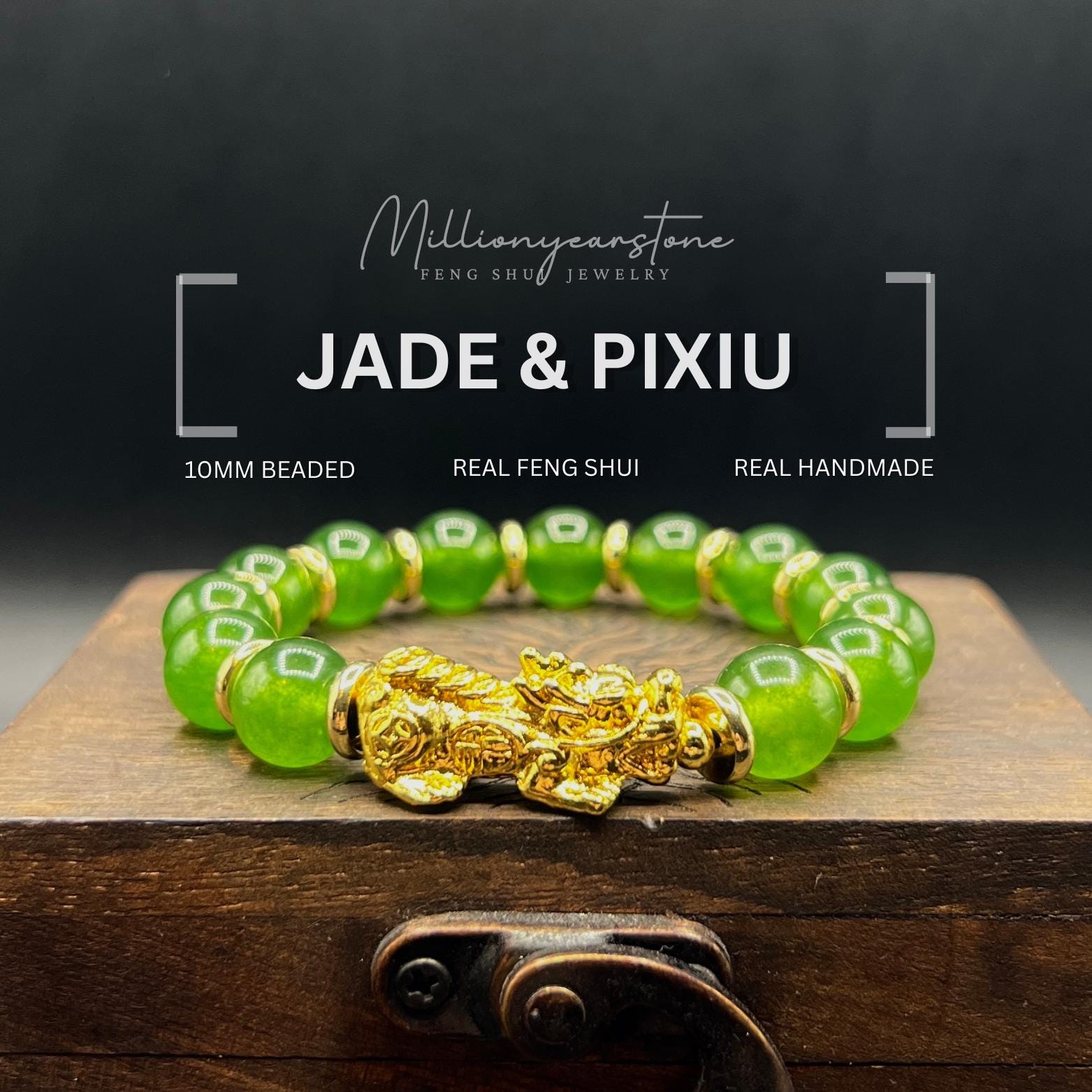 Clear Green Jade Pixiu Bracelet: 24k Gold Filled Charm, Feng Shui