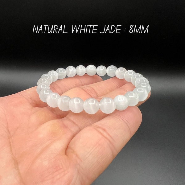 Natural white jade beads (8mm), Healing White Jade Jewelry, Relationship Harmony Jade Bangle, Handmade  gemstone bracelet, gift for her