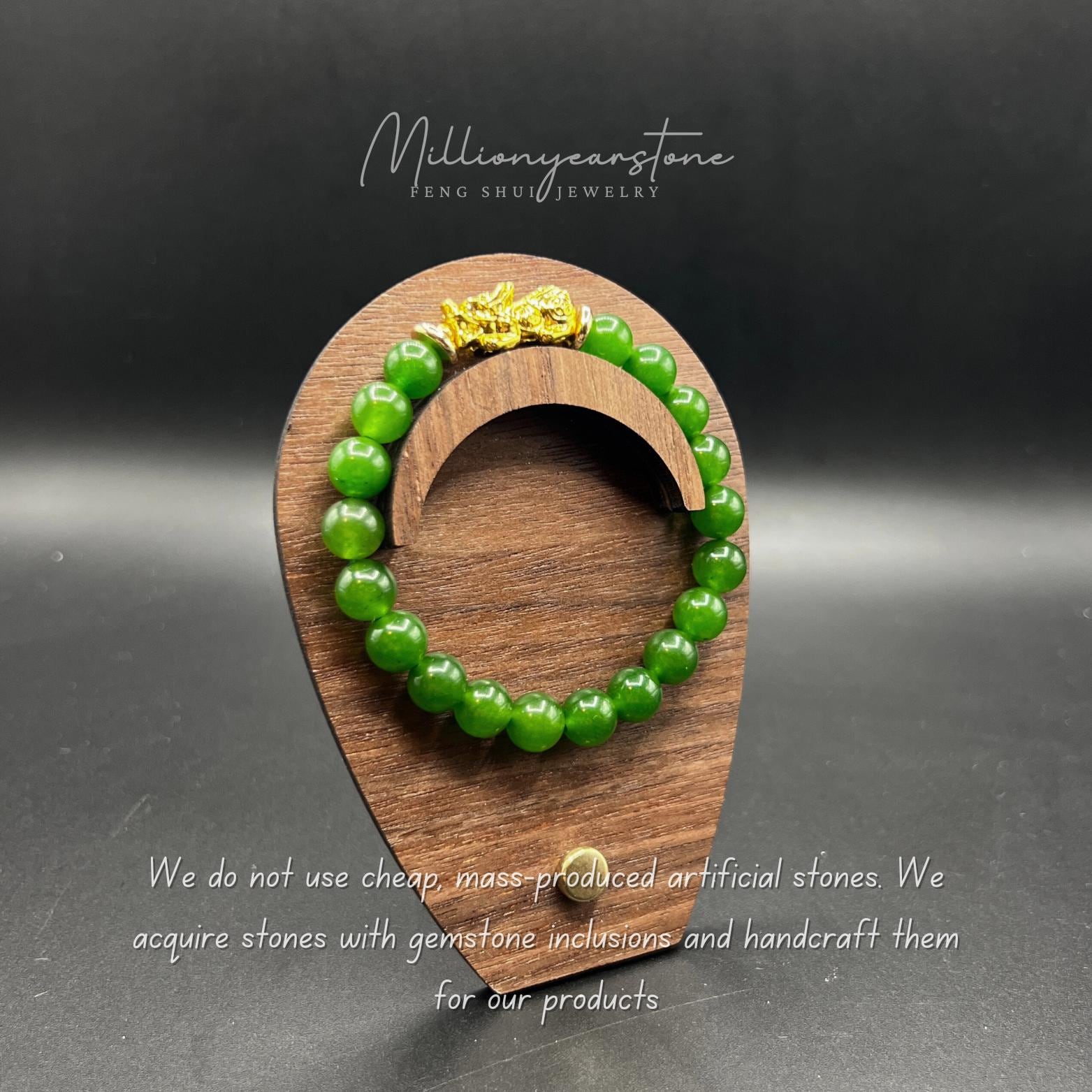 Handmade Green Jade Pixiu Bracelet: 24k Gold Filled Charm