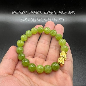 Pixiu Bracelet with Parrot Jade | 10mm Natural Beads | 24k Gold-Plated Charm | Feng Shui bracelet wishing prosperity & wealth