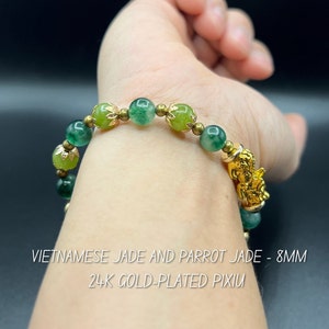 Natural Vietnamese jade and Parrot jade with 24k Gold-Plated Pi Xiu Bracelet, Health Prayer Stone Bracelet - wealth and health, handmade