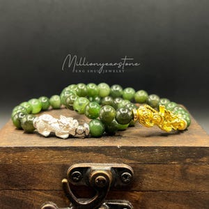 Pixiu Bracelet with Nephrite Jade | 7.5mm Natural Beads | 24k Gold-Plated or Silver Pixiu | Feng Shui bracelet wishing prosperity & wealth