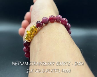 Strawberry Quartz Pixiu Bracelet: 24K Gold-Filled Feng Shui Charm