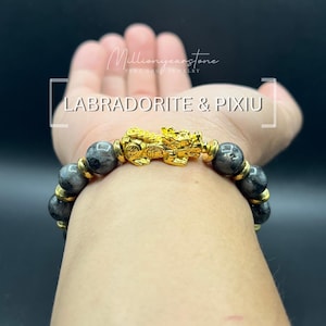 Bracelet labradorite Pixiu : breloque en or 24 carats, bijoux Feng Shui, perles de 10 mm