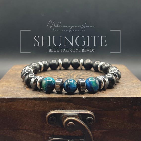 Handmade Shungite & Blue Tiger Eye Bracelet: Protection Jewelry, 8mm