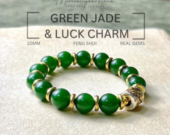 Pulsera de Jade Verde Natural con cuentas de 10mm, charm de la suerte y separadores chapados en oro 18k, joya artesanal