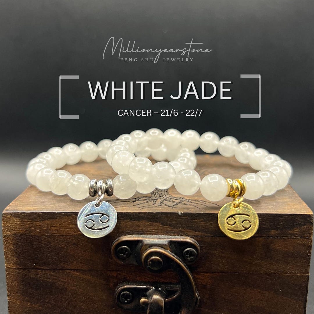 White Jade Cancer Zodiac Bracelet: Handmade Gemstone Charm, 8mm
