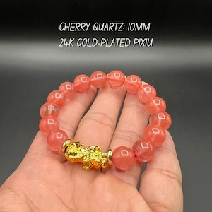 Pixiu Bracelet with Cherry Quartz | 10mm Natural Beads | 24k Gold-Plated Charm | Feng Shui bracelet wishing vitality & wealth