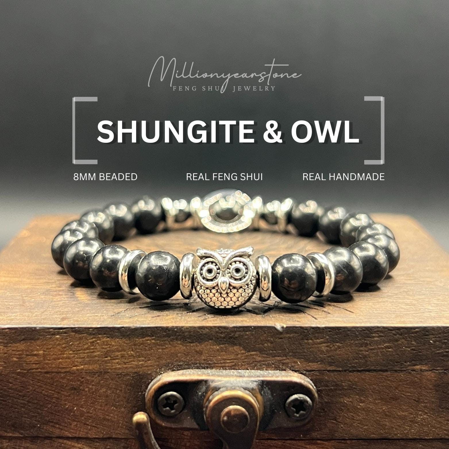 Handmade Shungite & Hematite Owl Bracelet: Men's Stone Jewelry, 8mm beaded