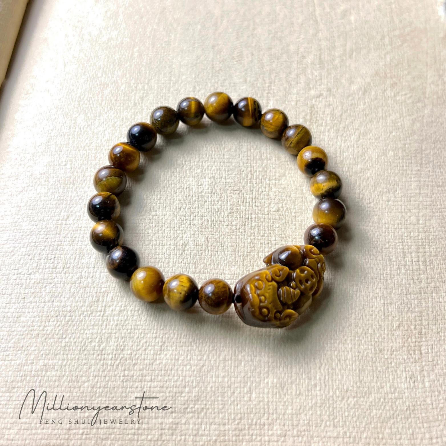 Gold Pixiu Bracelet : 8mm Natural Tiger Eye Beads , Elastic Cord