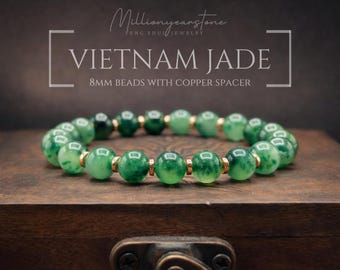Green Jade Bracelet: Vietnamese Gemstone, Harmony & Prosperity, 8mm beaded