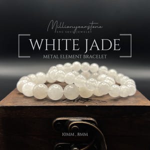Pulsera de Jade Blanco Natural 8mm 10mm, Pulsera Elemento Metal, Pulsera Feng Shui, Joya de Jade Blanco, Regalo para Hombre y Mujer