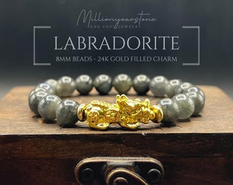 Bracciale Pixiu in labradorite da 8 mm fatto a mano: ciondolo placcato oro 24 carati, bracciale portafortuna Feng Shui.