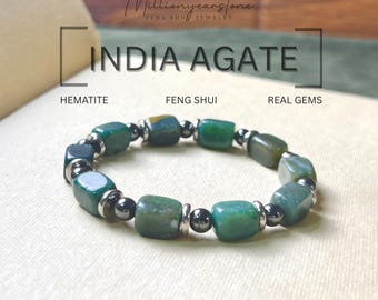 Handmade Indian Agate & Silver Hematite Bracelet: Unisex Artisan Jewelry