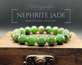 Green Jade Bracelet: Handmade Natural Stone, Prosperity & Harmony, 10mm beaded