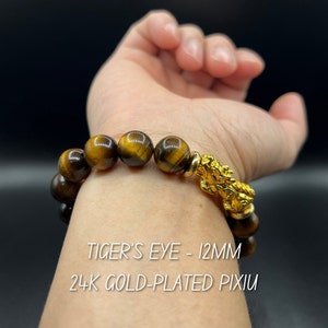 Pixiu bracelet with Tiger Eye | 24k Gold-Plated Charm | 12mm Natural beads | Feng shui Bracelet wishing focus & wealth