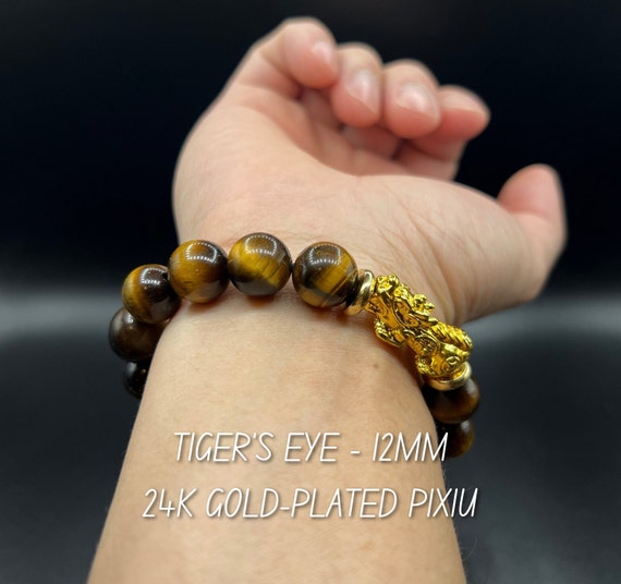 Pixiu Gemstone Bracelet Natural Tiger s Eye Stone 12mm With 24k Gold plated Pixiu Large Beads Bracelet Dragon Feng Shui Bracelet Etsy