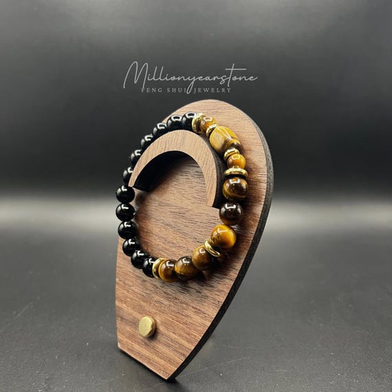 Handmade Tiger Eye Black Obsidian Bracelet: 18k Gold Accents