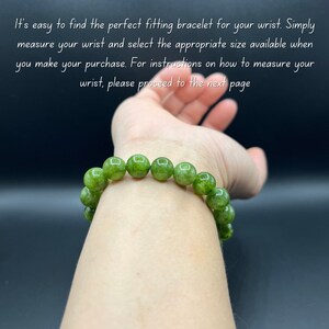 May include: A green beaded bracelet is worn on a wrist. The bracelet is made of round, polished beads. Text in the image reads: "It's easy to find the perfect fitting bracelet for your wrist."