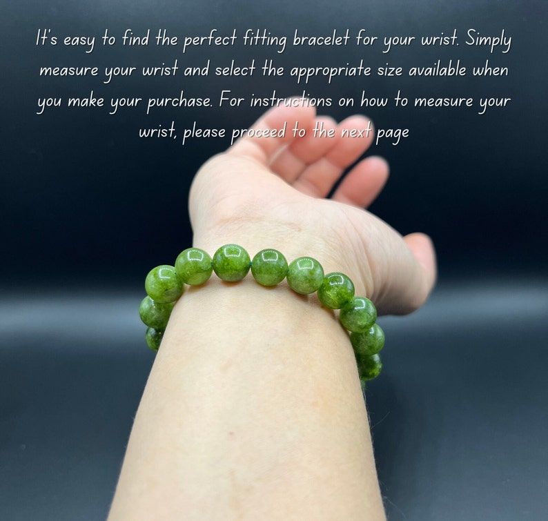 May include: A green beaded bracelet is worn on a wrist. The bracelet is made of round, polished beads. Text in the image reads: "It's easy to find the perfect fitting bracelet for your wrist."