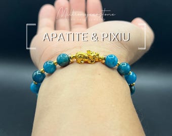 Bracciale Pixiu in apatite blu: ciondolo placcato oro 24 carati, gioiello portafortuna Feng Shui.