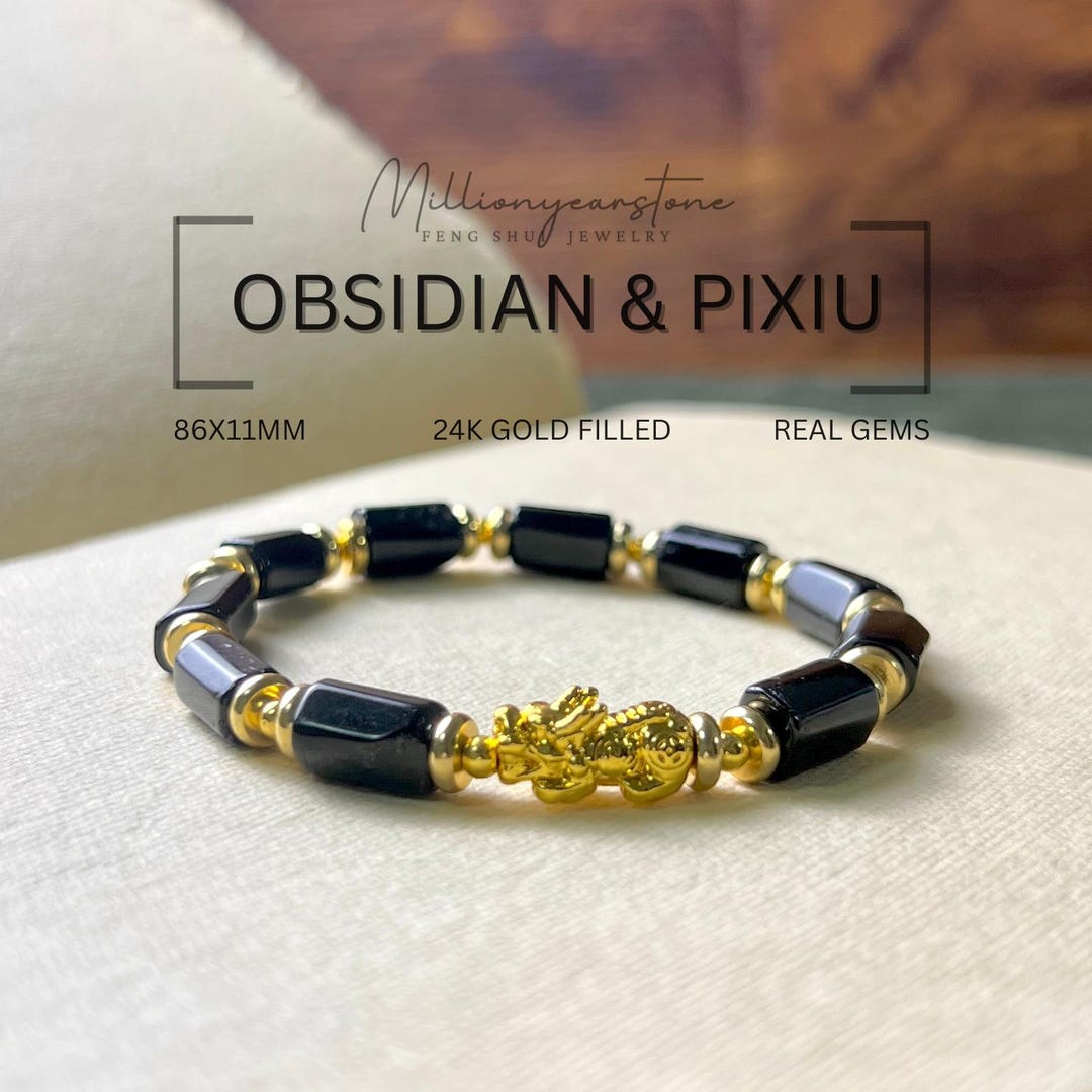 黒曜石の貔貅ブレスレット：24金張り風水チャーム - Etsy 日本