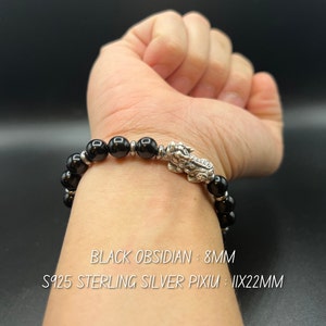Black Obsidian Pixiu bracelet | 8mm Natural Black gemstone Beads | Silver Charm | Protection and Strength Symbol Jewelry | Feng Shui gift