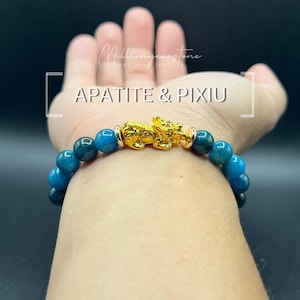 Pulseira de apatita Pixiu: pingente de riqueza Feng Shui com banho de ouro 24k, contas de 8 mm