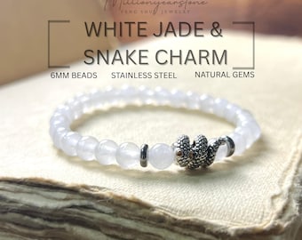 White Jade Bracelet: Stainless Steel Snake Charm, Minimalist Handmade Jewelry, 6mm beaded