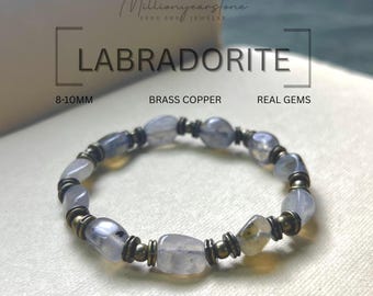 Handmade Labradorite Bracelet: Natural Stone & Brass - Unisex