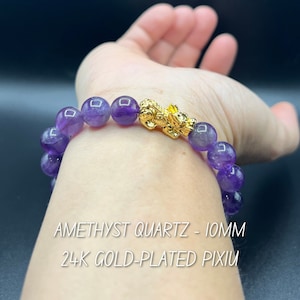 Pixiu Bracelet with Amethyst | 10mm Natural Beads | 24k Gold-Plated Charm | Feng Shui bracelet wishing wisdom & wealth