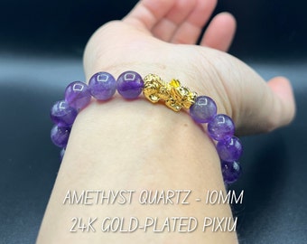 Bracelet 10 mm en améthyste naturelle Pixiu : breloque en or 24 carats, bracelet en perles de pierre de prospérité
