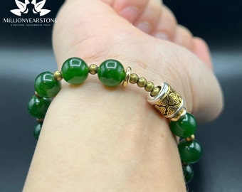 Green Jade Bracelet: Handmade Indonesian Lucky Charm, Prosperity Jewelry, 10mm beaded