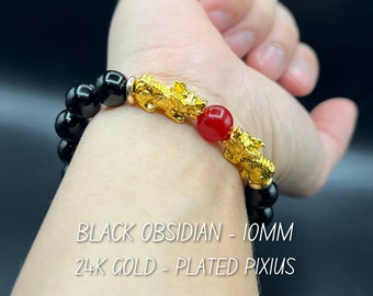 Bracciale Pixiu in ossidiana nera: perline da 10 mm, ciondoli placcati in oro 24 carati, protezione Feng Shui.