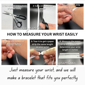 May include: Step-by-step guide on how to measure your wrist for a bracelet. The image shows scissors, paper, and a ruler. Text reads: "How to measure your wrist easily. Just measure your wrist, and we will make a bracelet that fits you perfectly."