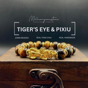 Bracelet pixiu oeil de tigre : breloque en or 24 carats, symbole de richesse Feng Shui, perles de 10 mm