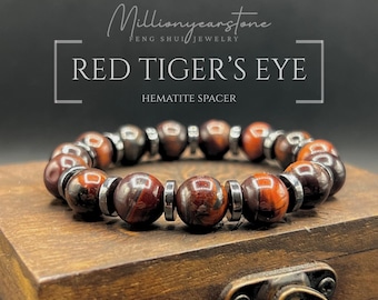 Natural Red Tiger’s Eye Bracelet 10mm with Hematite Accents, Handmade Masculine Feng Shui Jewelry, Meaningful Gift for Men
