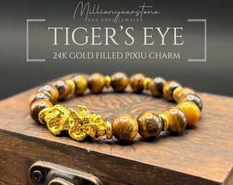 Tiger Eye Pixiu Bracelet: 8mm Natural Beads, 24k Gold Filled Charm, Feng Shui Prosperity