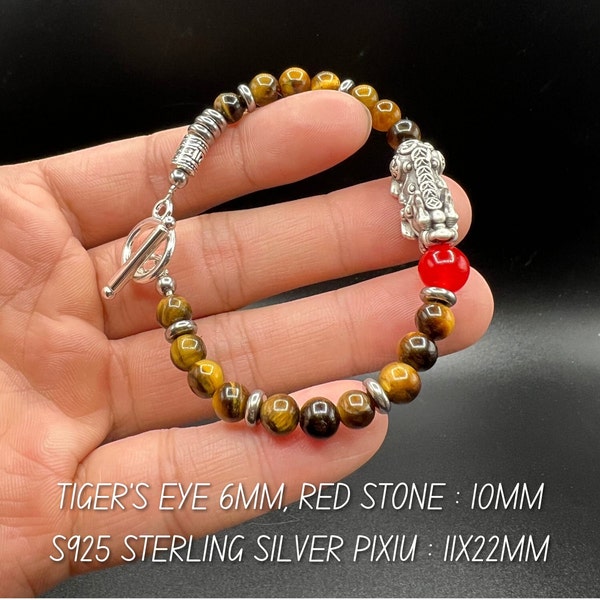 Natural Tiger's Eye (6mm) with S925 Silver Pixiu, metal wires,Handcrafted bracelet, Good luck and prosperity charm bracelet, Meaningful gift