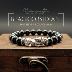Pulsera Pixiu – Obsidiana Negra 8mm – Charm Pixiu Plata S999 – Cordón Elástico – Joyería Feng Shui Hecha a Mano
