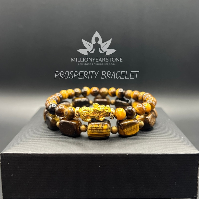 Tiger Eye Pixiu bracelet set | Natural gemstone Beads | 24k Gold-Plated Charm | Strength and Protection Symbol Jewelry | Feng Shui gift image 1