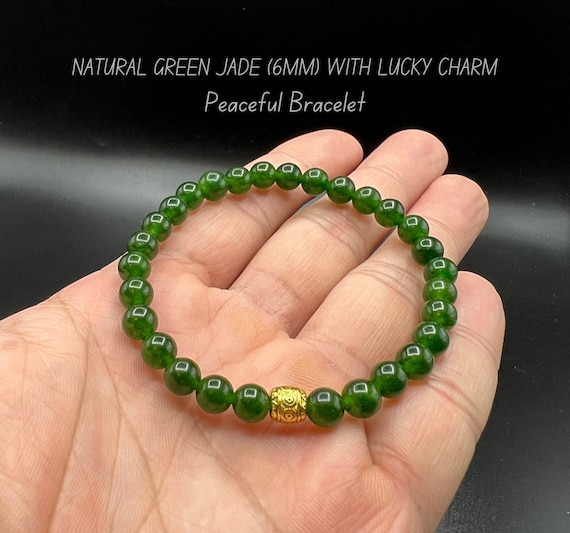 STONE BEAD BRACELET 6 MM W/CHARMS - GREEN JADE STONE BEAD BRACELET 6 MM W/CHARMS - GREEN JADE